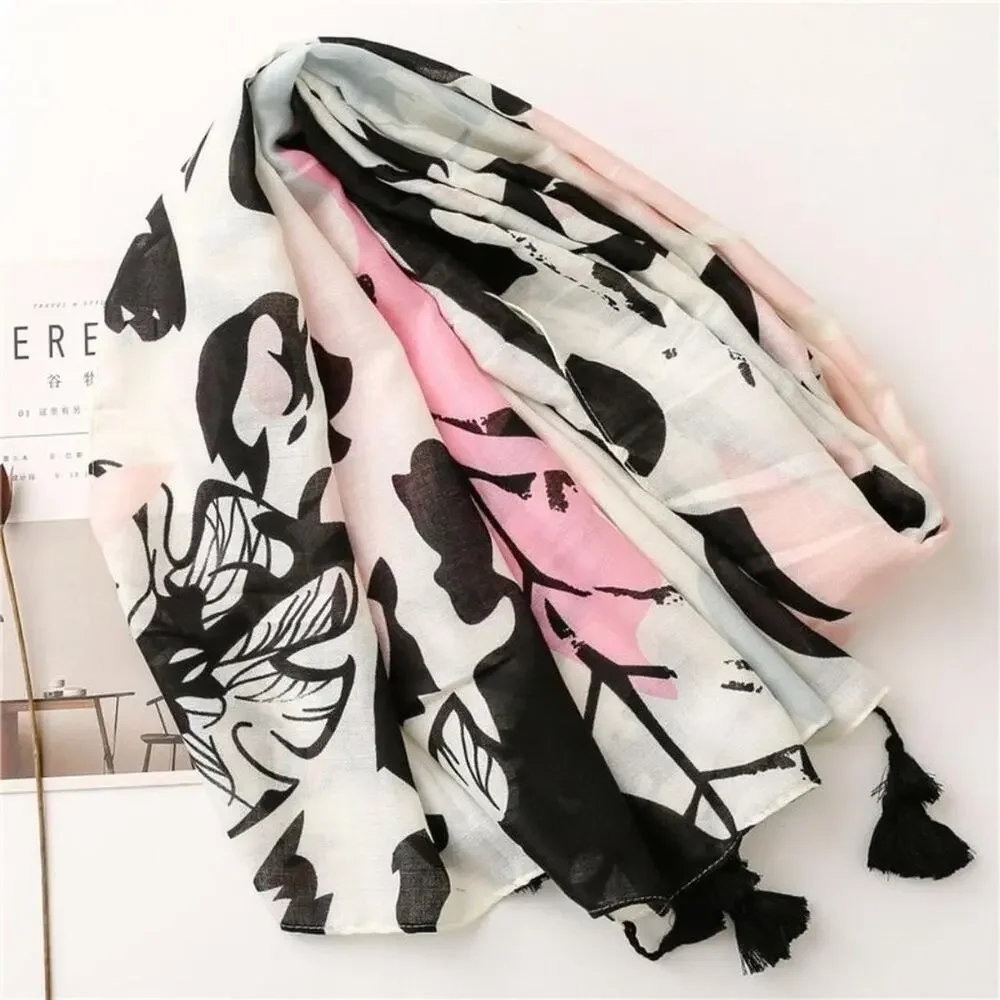 NEW Boho Floral Tasseled Rectangle Soft Chic Scarf Large Pink White Black